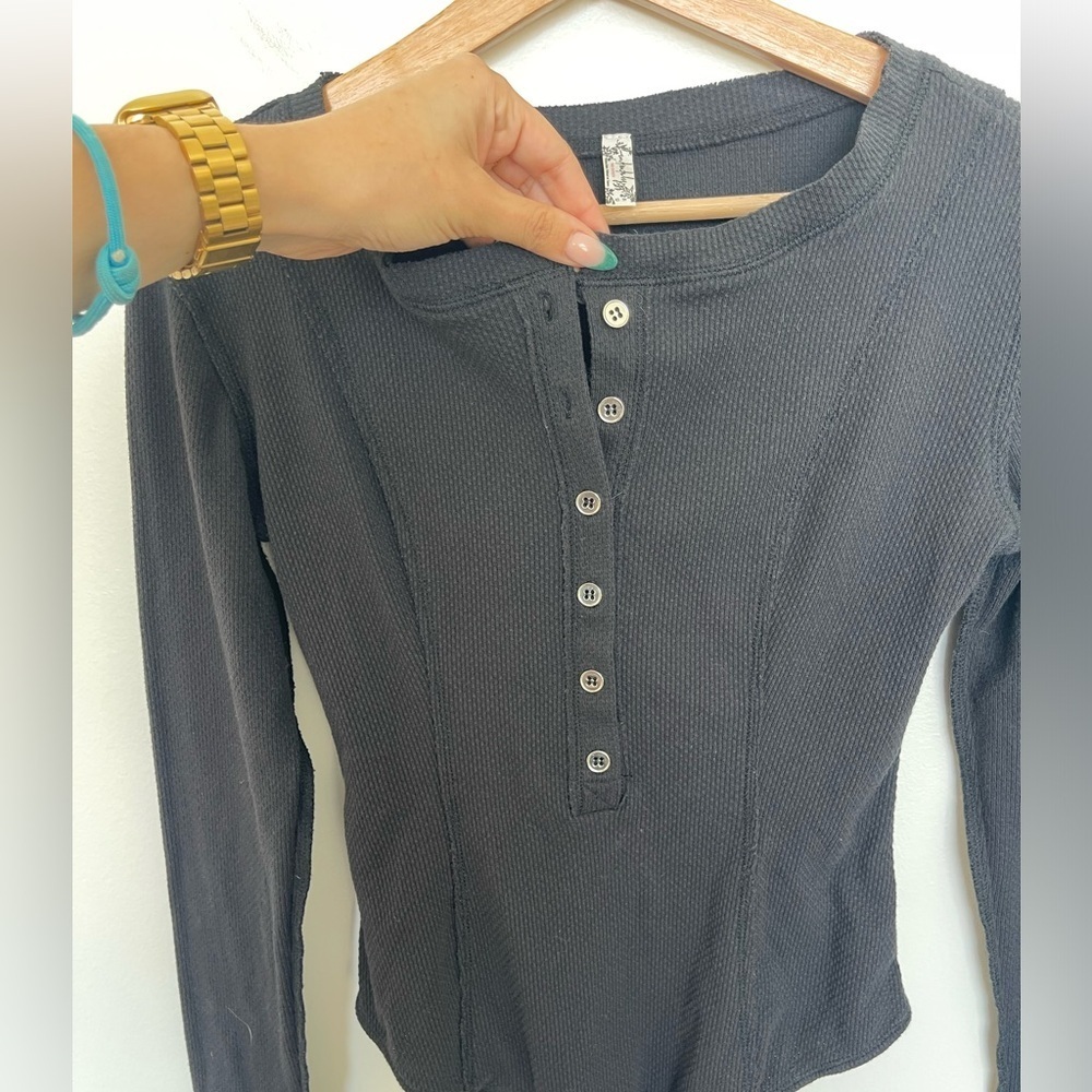 Free People Intimately Black Long Sleeve Button Thermal Sloane Bodysuit - Picture 8 of 12